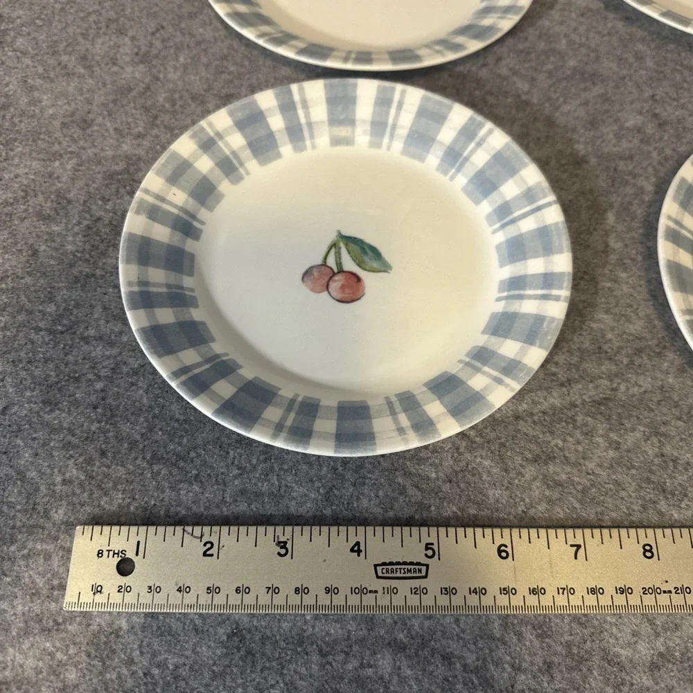 Corelle Set of‎ 5 Dessert Salad Plates Fruit Too Cherries Blue Plaid 7-1/4
